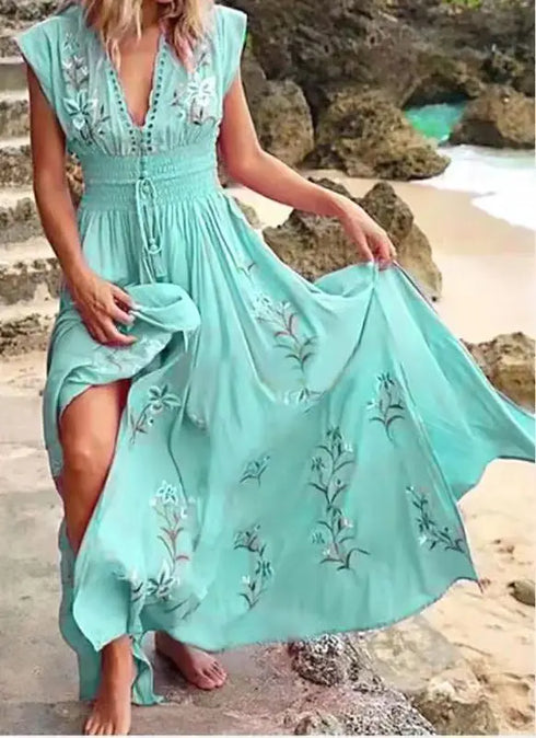 Elegant V Neck Sleeveless Floral Beach Dress for Women Casual Spring Summer Bohemian Style